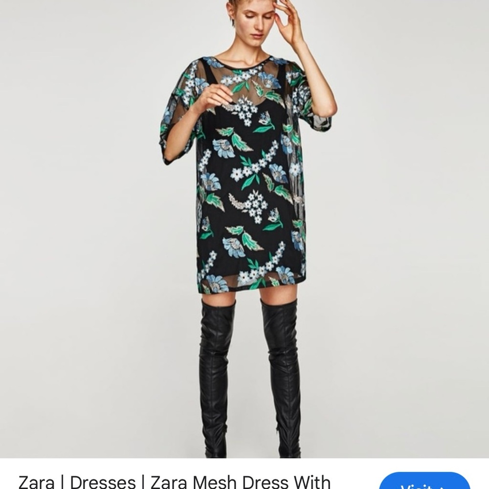 Zara Black Mesh Mini Dress with Blue and Green Floral Print